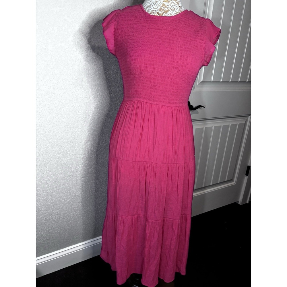 Blu Pepper Smocked Tiered Flutter Sleeve Gauze Midi Dress Barbie Pink L Cottage